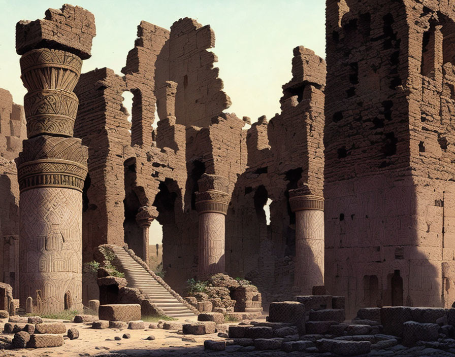 Ancient temple ruins with intricately carved columns and crumbling walls