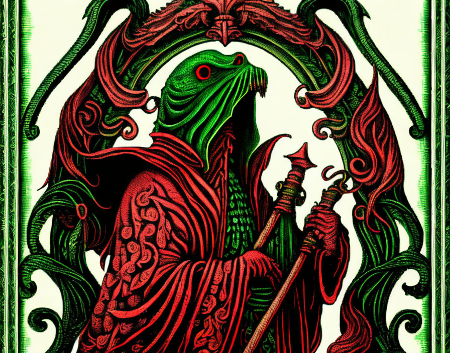 Detailed Cthulhu Illustration in Ornate Frame with Tentacles, Eye, and Staff in