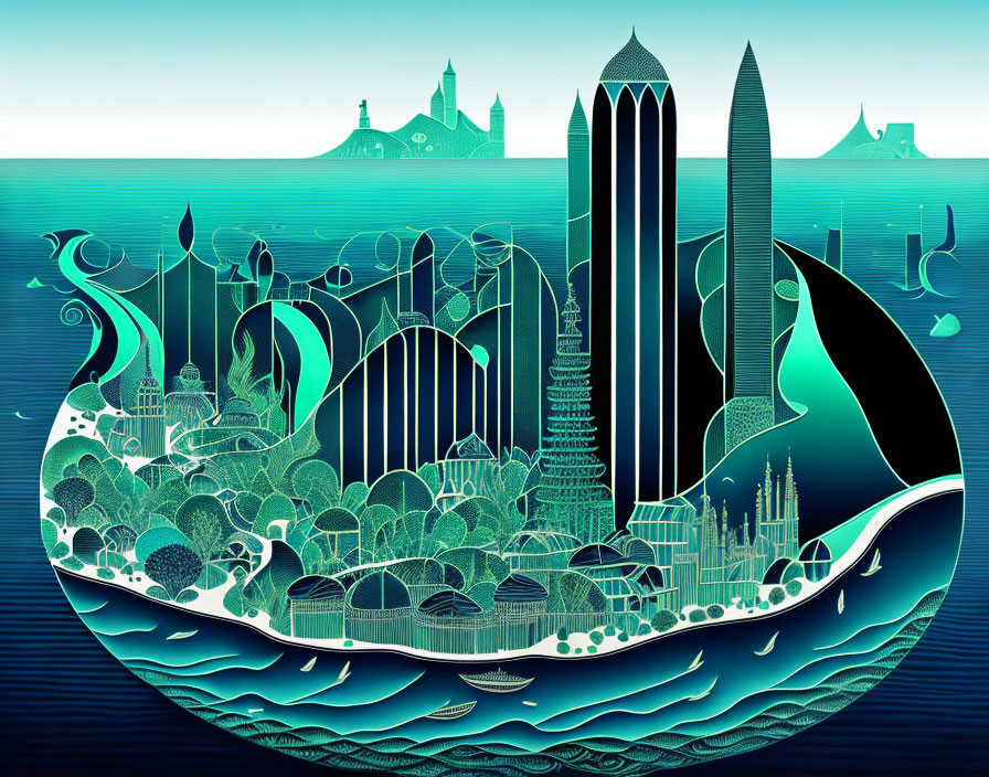 Colorful Stylized Artwork: Fantastical City on Waves under Starry Sky