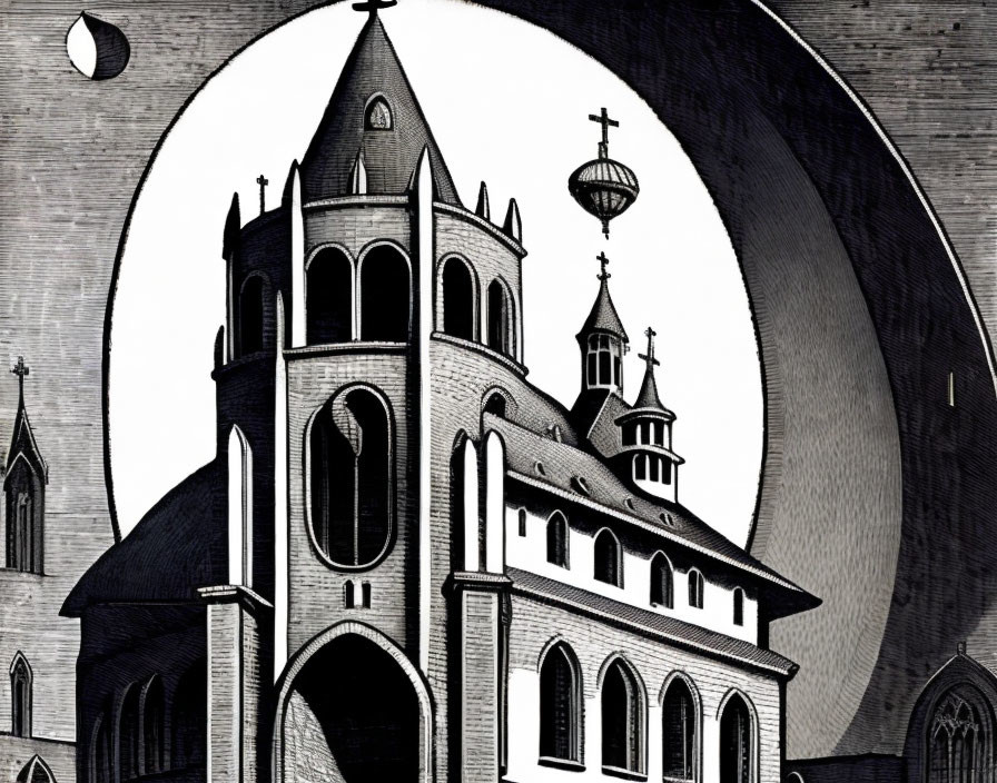 Stylized black and white gothic cathedral drawing with crescent moon.