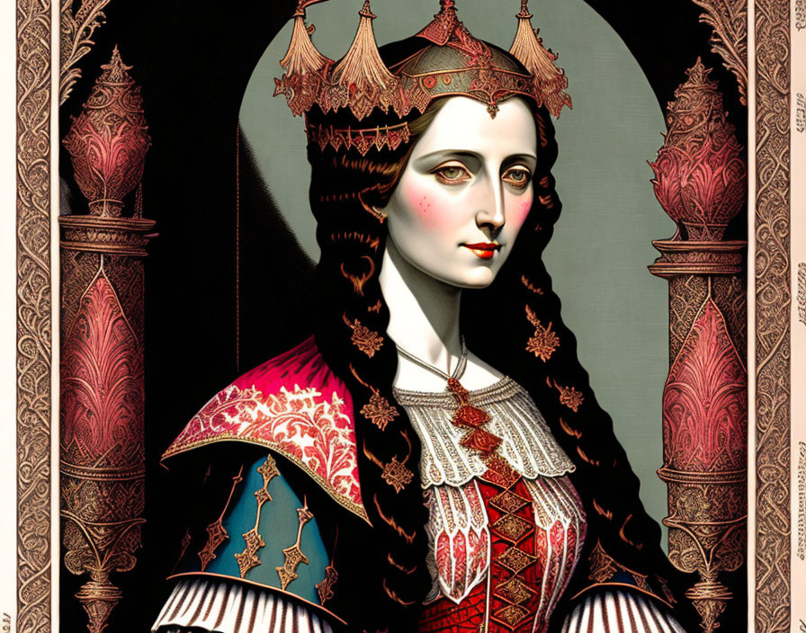 Stylized illustration of woman in ornate royal attire