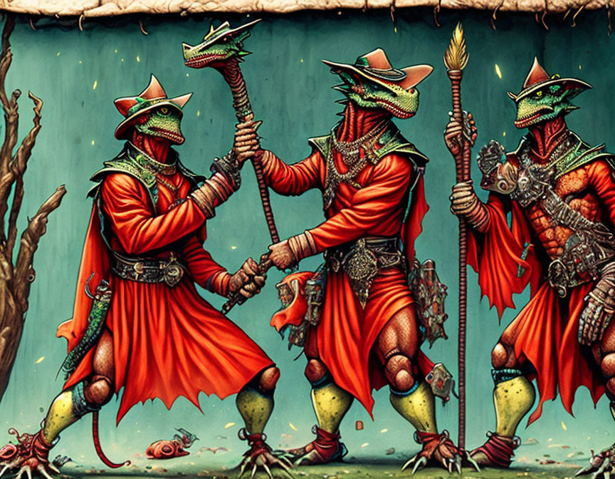 Anthropomorphic reptiles in red cloaks and hats with medieval weaponry in a ritual or confrontation