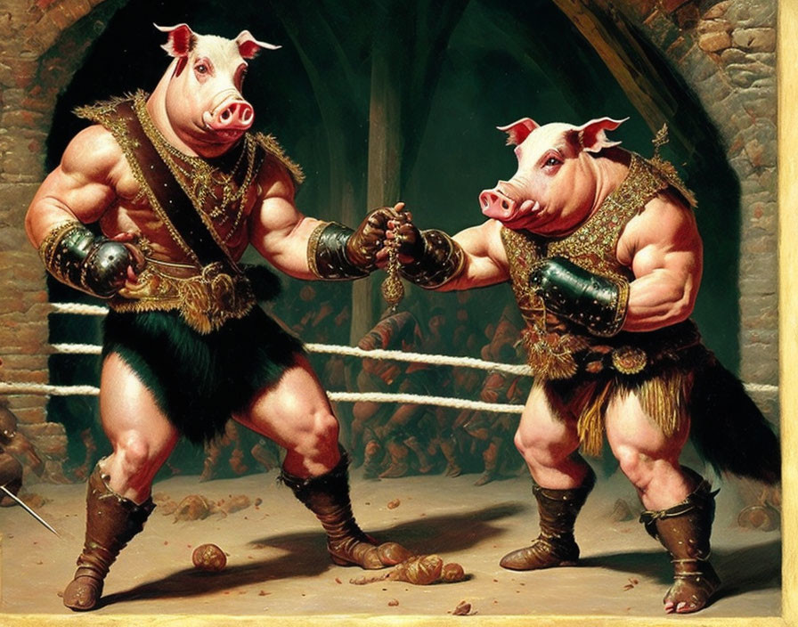 Anthropomorphic pigs as gladiators in fighting pose