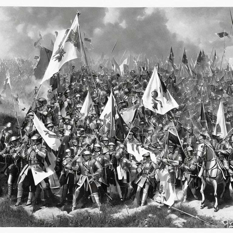 Medieval soldiers on horseback in armor advancing in battle formation.