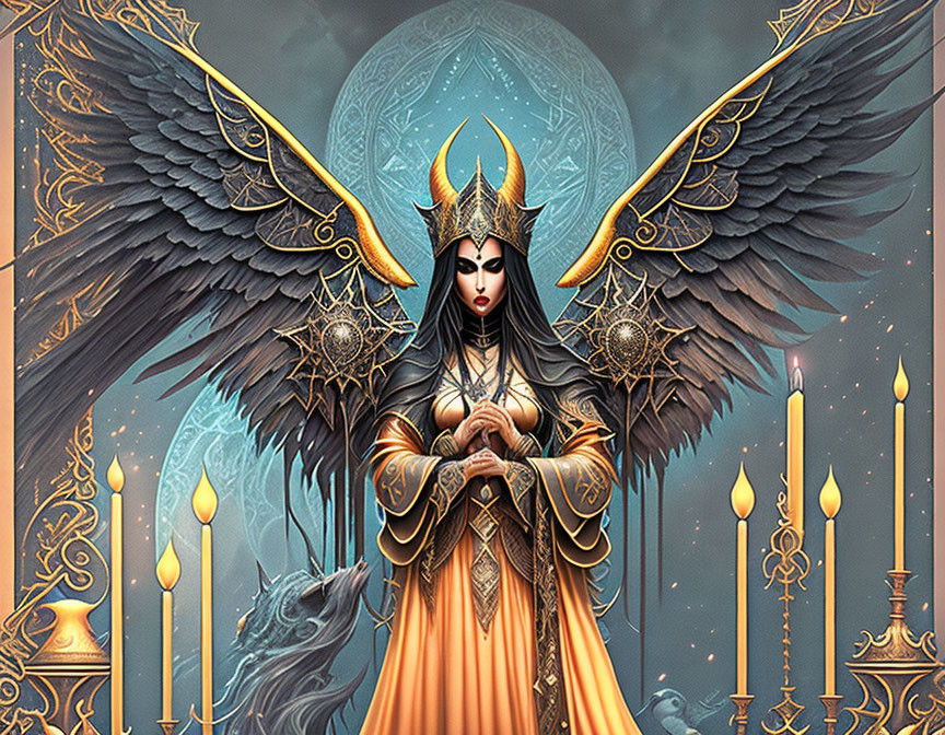 Regal figure with dark angelic wings in ornate armor, crown, surrounded by candles and mystical