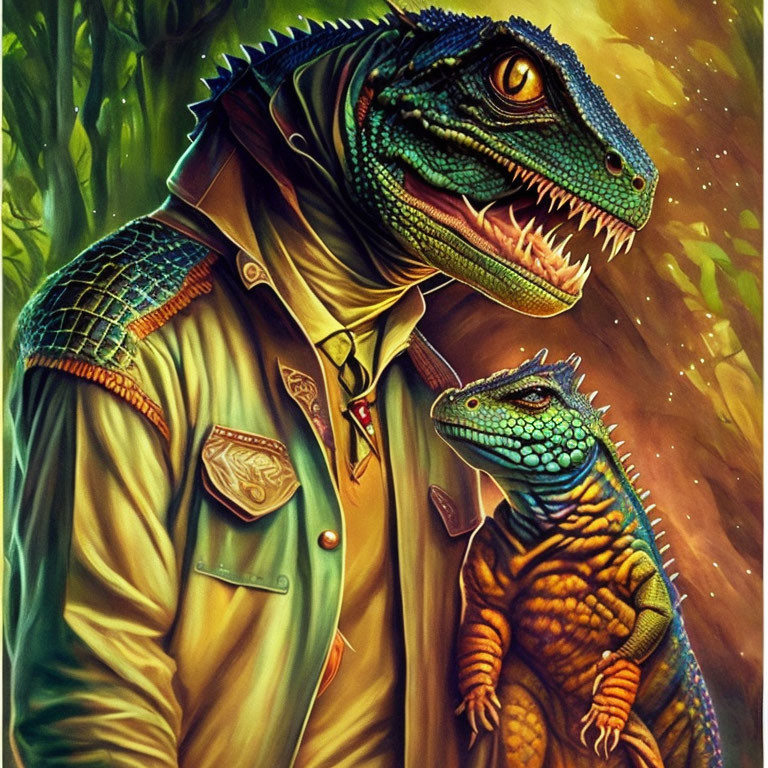 Vibrant illustration: Two lizard characters in scout uniforms in forest.