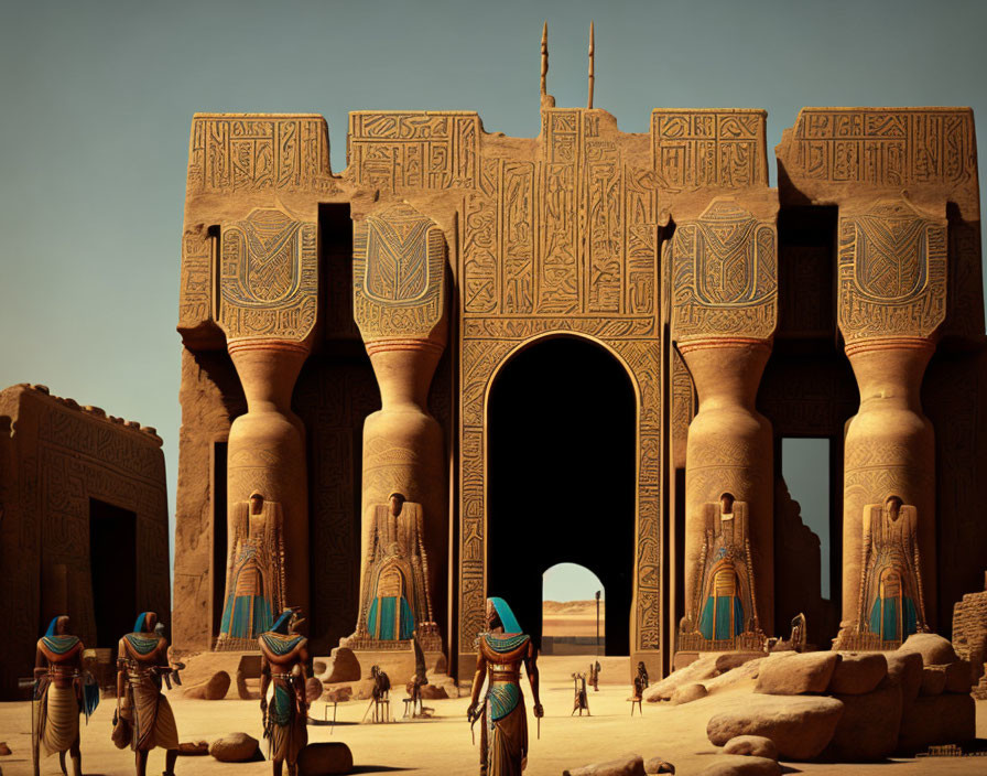 Ancient Egyptian-style gateway with hieroglyphic carvings and statues under clear sky