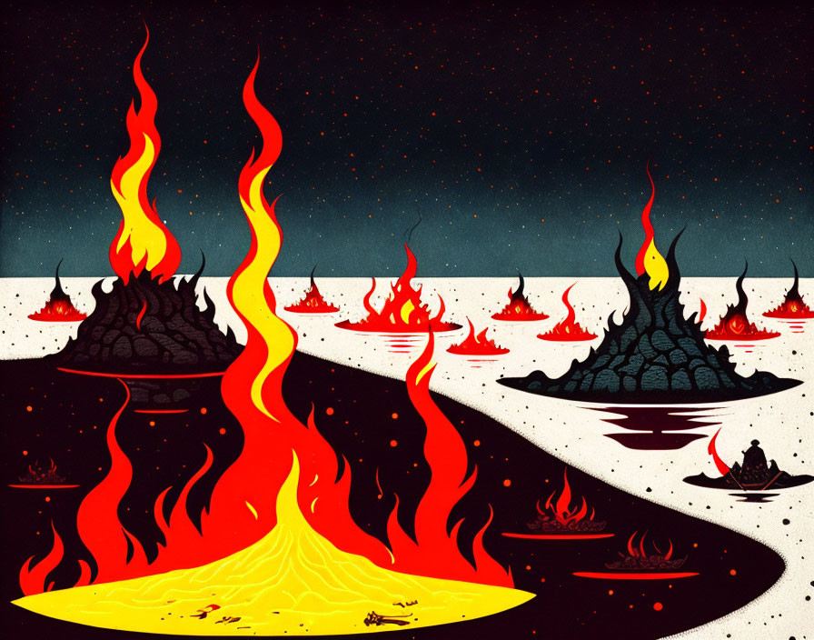 Volcanic landscape illustration with fiery eruptions and starry night sky