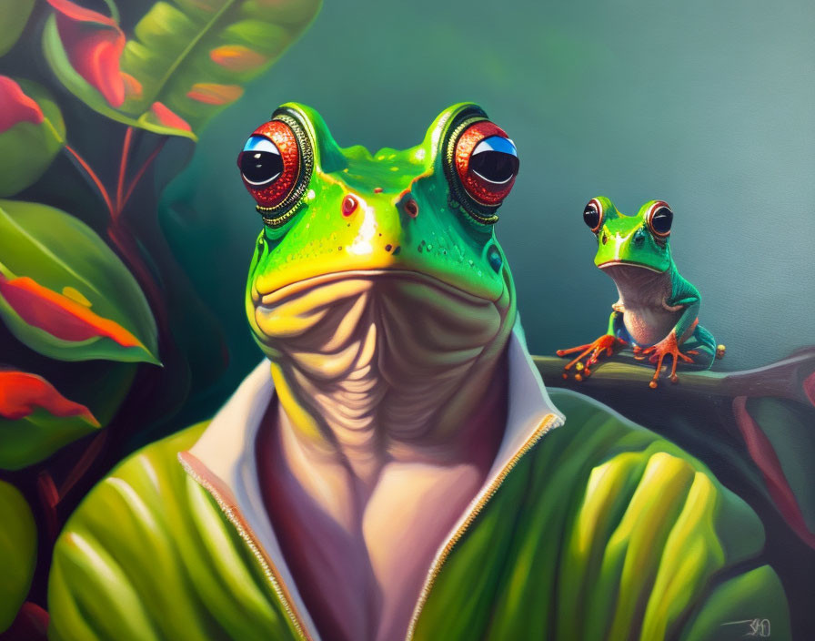 Colorful anthropomorphic frog illustration with smaller frog on leaf