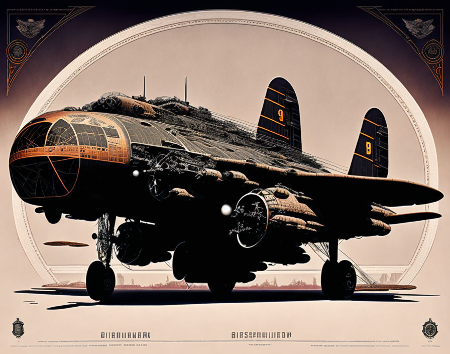 Vintage-style World War II bomber aircraft poster with cutaway views and markings on brown backdrop.