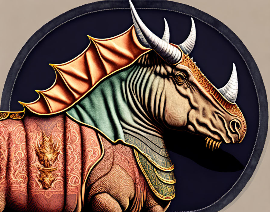 Stylized orange and green armored bull illustration on dark background