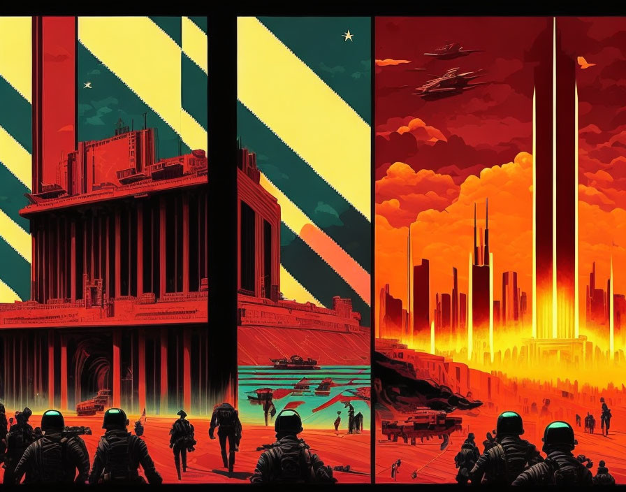 Vibrant triptych of futuristic cityscapes and military figures