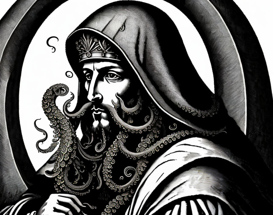 Detailed black and white illustration of a man with ornate beard and helmet