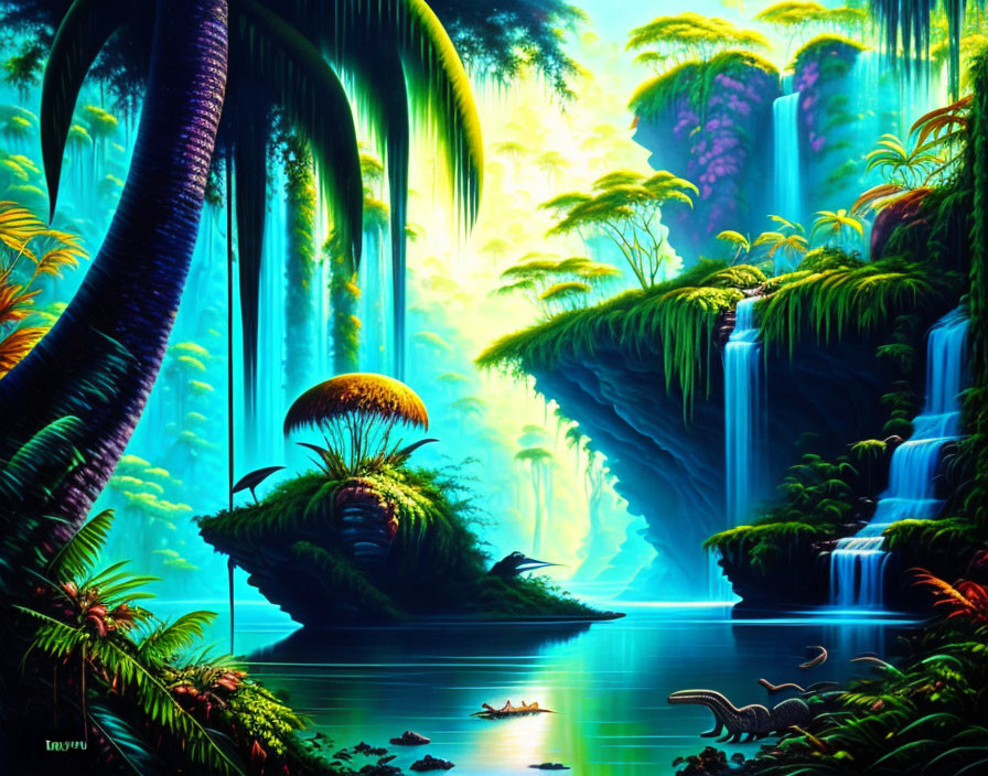 Fantastical Jungle with Vibrant Colors and Cascading Waterfalls