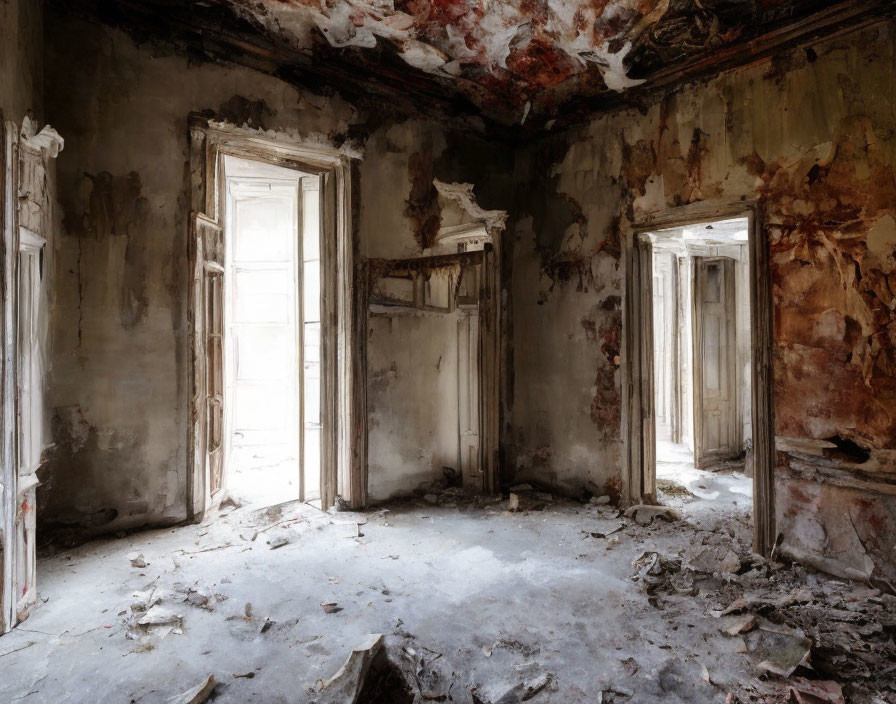 Decaying room with peeling paint and debris under light.