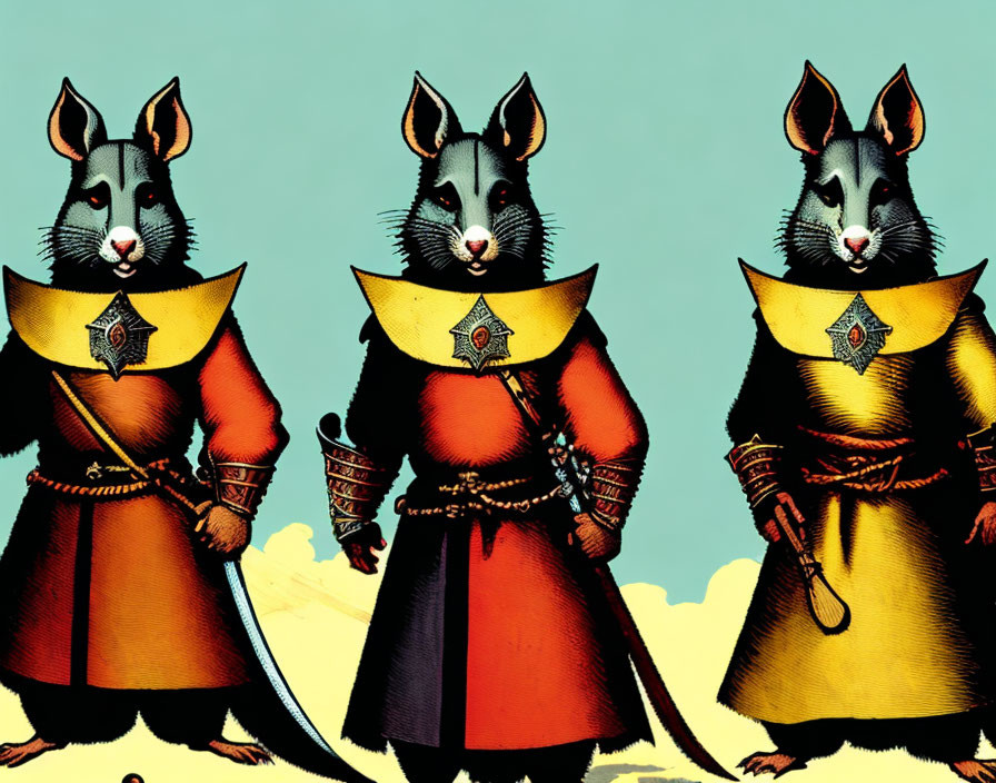 Three anthropomorphic mice in medieval outfits with capes and swords on teal background