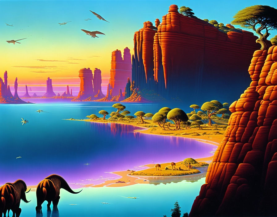 Colorful alien landscape with rock formations, water, trees, dinosaurs, and flying creatures