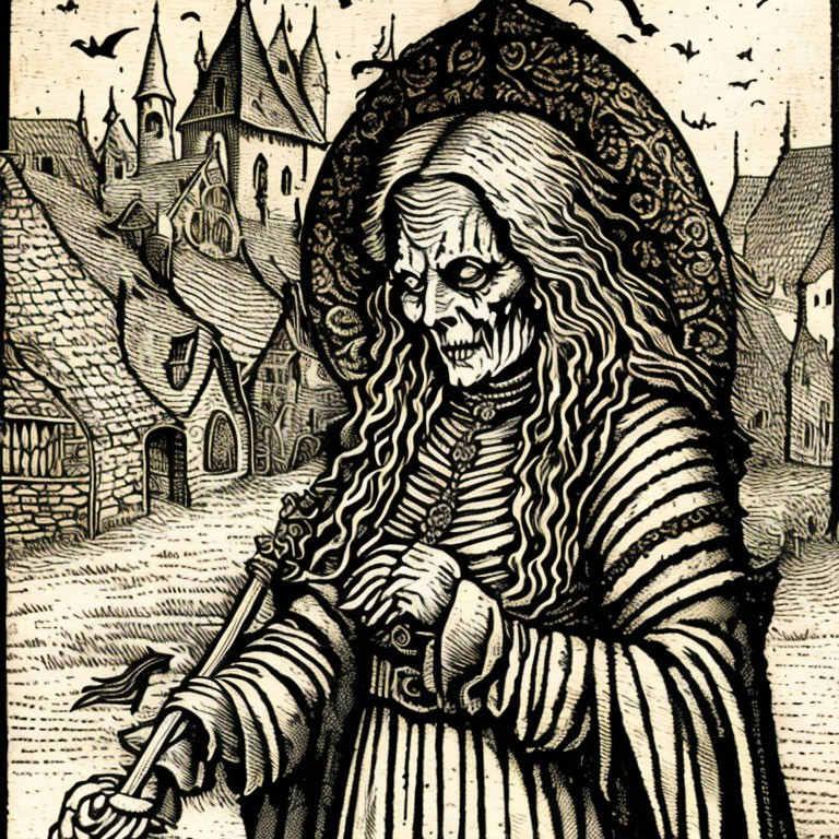 Skeletal figure in ornate robes with key, medieval town, bats