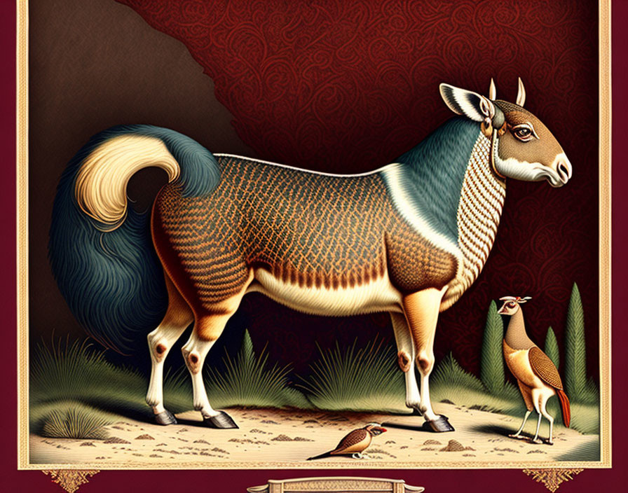 Stylized large animal with fish scale body pattern, bushy tail, horns, and small companion