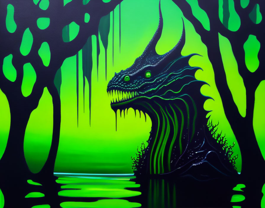 Vivid painting: Green dragon head in neon forest landscape