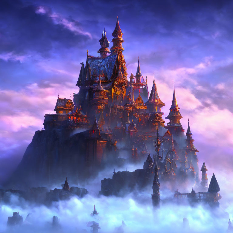 Fantastical castle with golden-lit spires on rocky outcrop at twilight