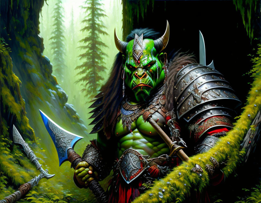 Green-skinned orc in armor wields axe in misty forest