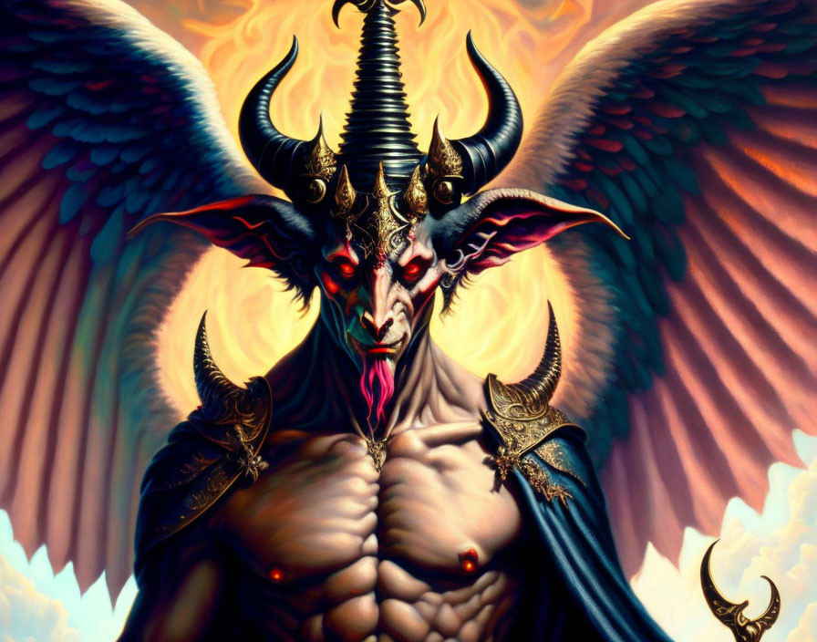 Demonic figure with wings and horns in fiery setting