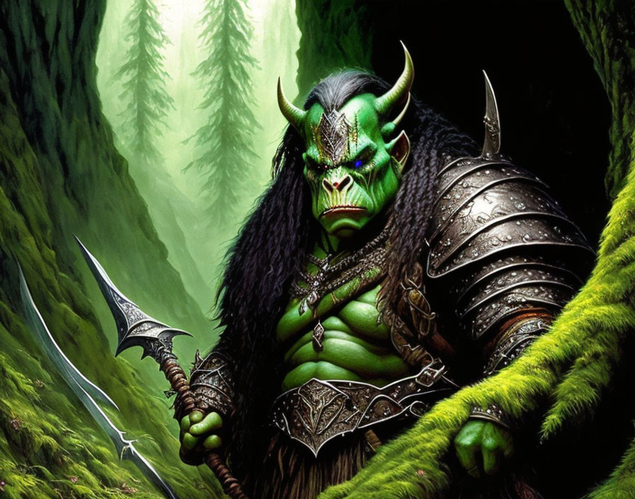 Green-skinned orc in heavy armor wields axe in forest