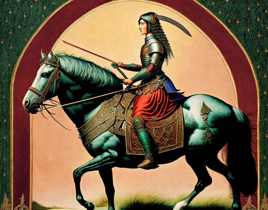 Medieval armored woman on horseback with spear in ornate setting