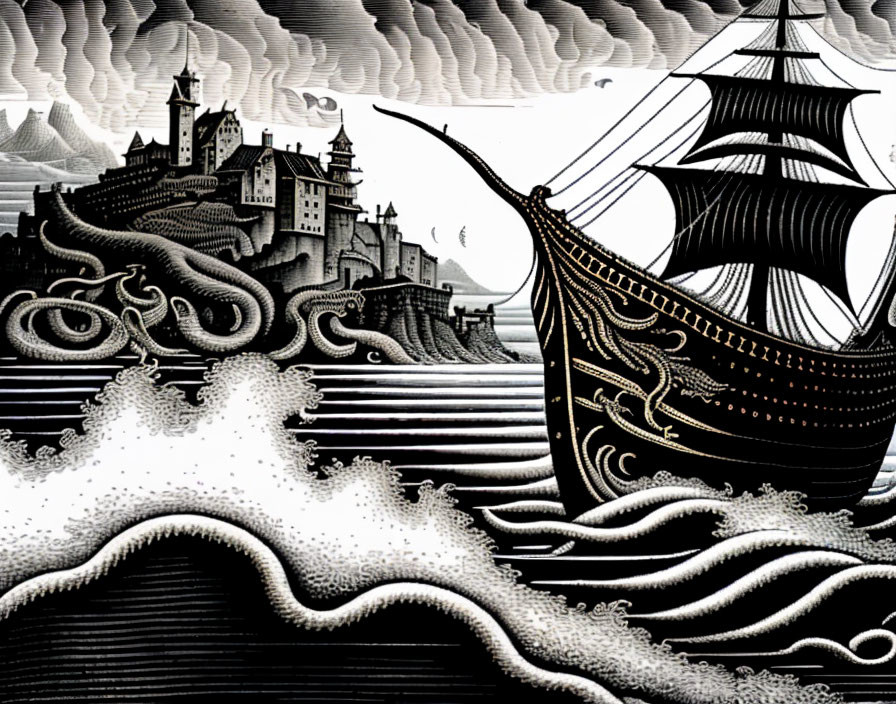 Monochrome illustration of ship, octopus, castle, and stormy sea