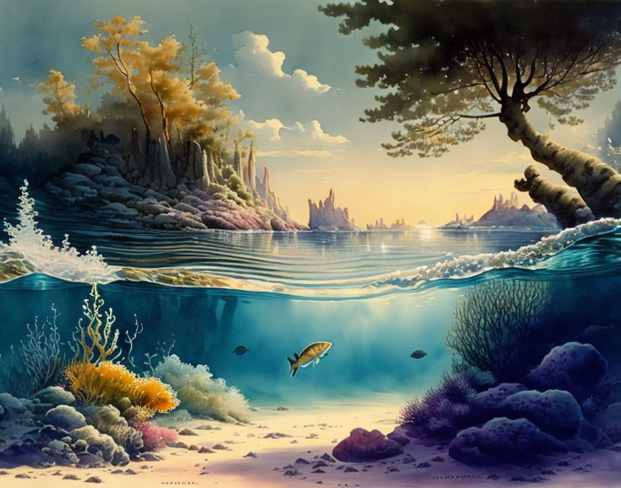 Split-view painting: Serene lake, lush trees, colorful corals, marine life under pastel