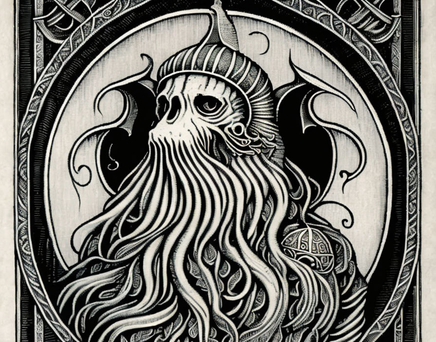 Detailed black and white illustration of bearded figure in helmet with Celtic knot patterns in arch frame