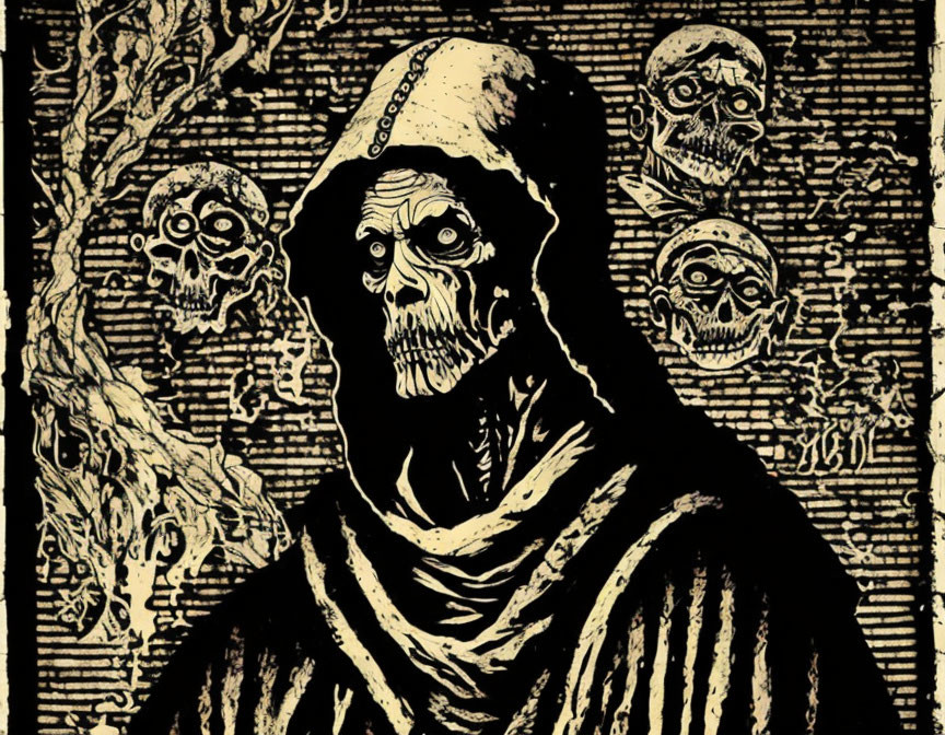 Dark etched style illustration of hooded skeletal figure with ominous faces.