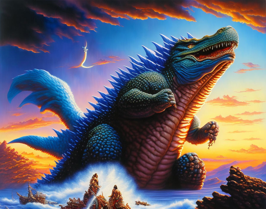 Blue dragon with spikes and wings in dramatic sunset sky with crescent moon