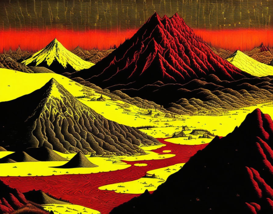 Vibrant landscape with red and yellow mountains, winding river, and fiery sky