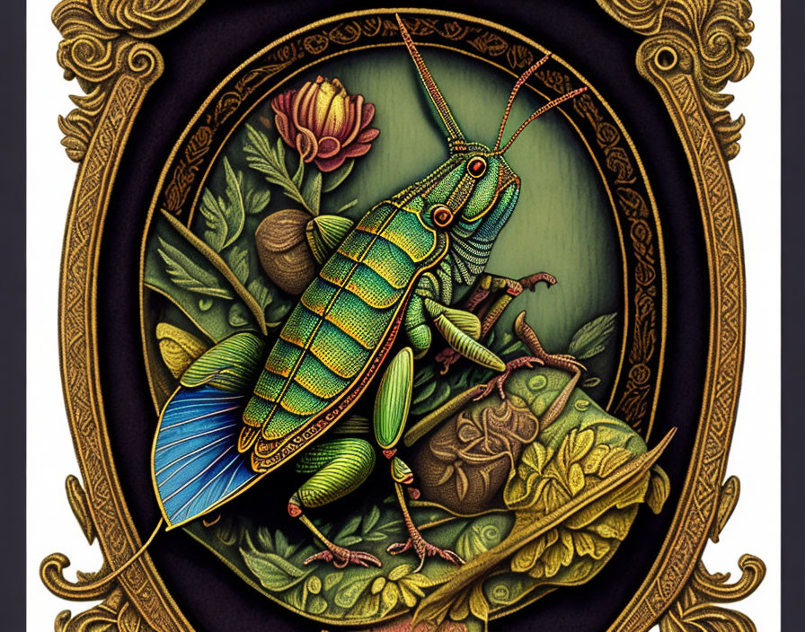 Detailed Green and Gold Locust Illustration in Baroque Frame