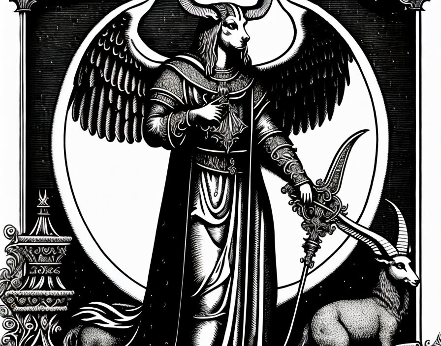 Monochrome occult illustration of figure with goat head, wings, and sword, featuring crescent moons and