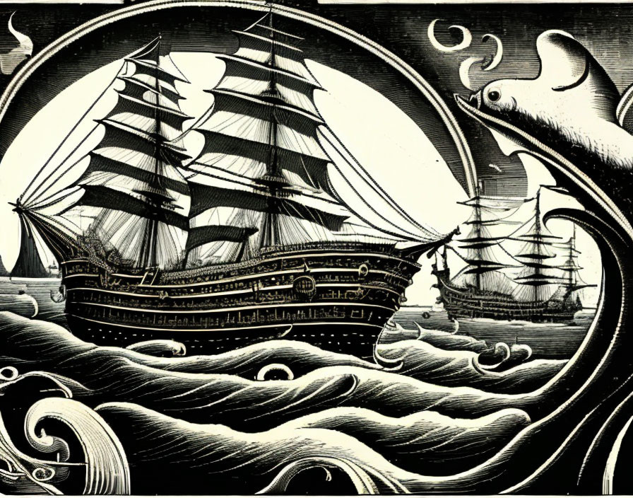 Detailed Black and White Illustration of Tall Ship, Sea Monster, and Waves