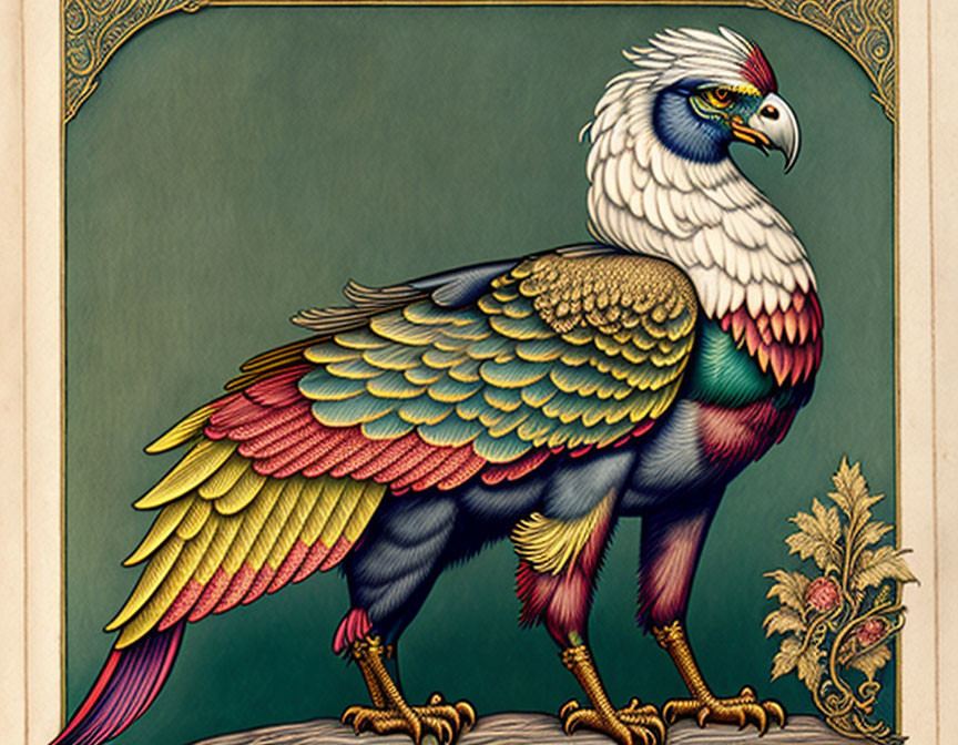 Mythical bird illustration with eagle head and colorful plumage on branch in vintage frame