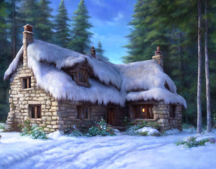 Cozy Thatched Roof Cottage in Snowy Forest