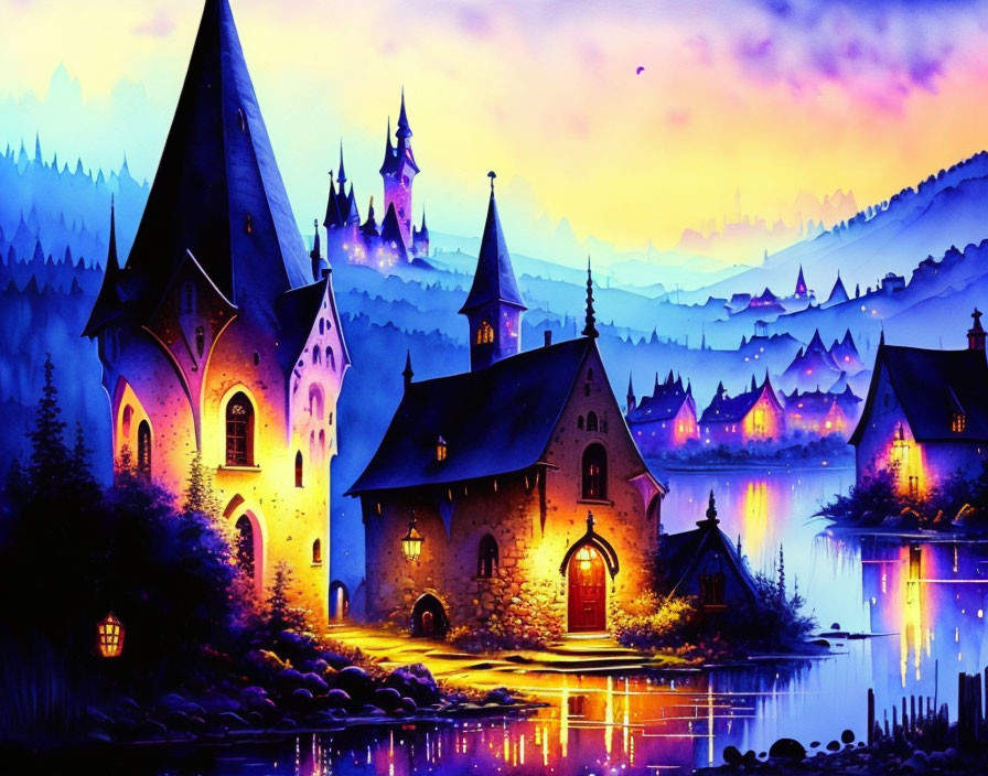 Vibrant Animated Fantasy Village with Whimsical Castle & Serene Lake