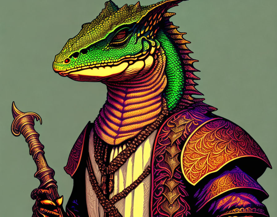 Anthropomorphic Crocodile in Ornate Robes with Staff and Regal Expression