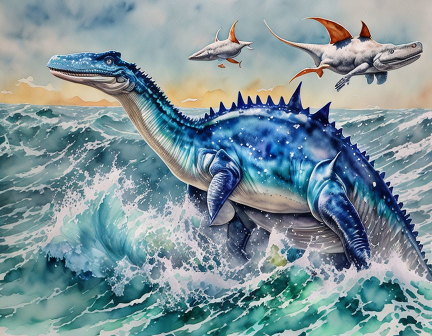 Colorful artwork: Blue dinosaur swims in ocean with pterosaurs