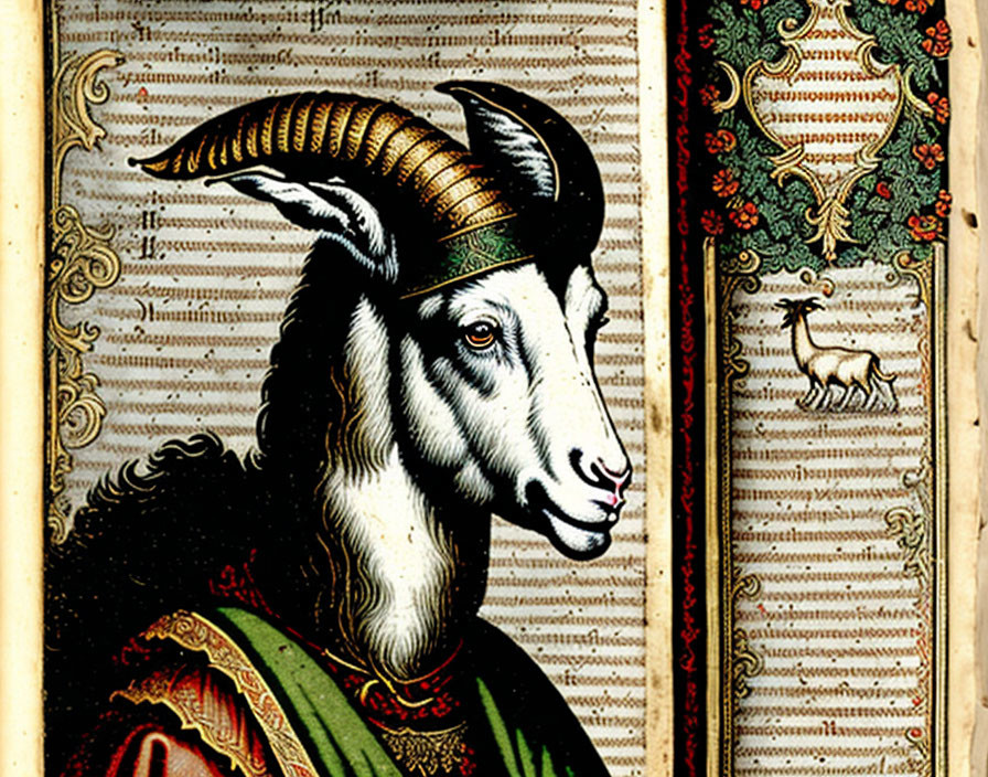 Goat in Renaissance attire against patterned background