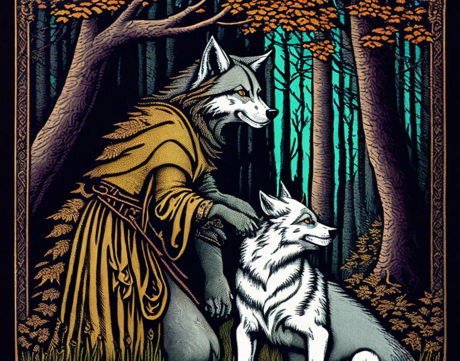 Anthropomorphic wolf in cloak with smaller wolf in forest under starry sky