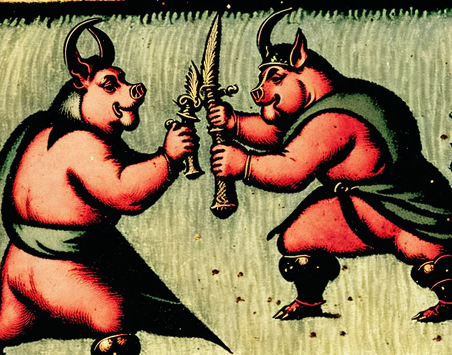 Medieval illustration: Duel between pig-like creatures with swords