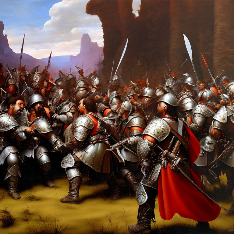 Medieval battle scene painting with armored warriors and dramatic sky