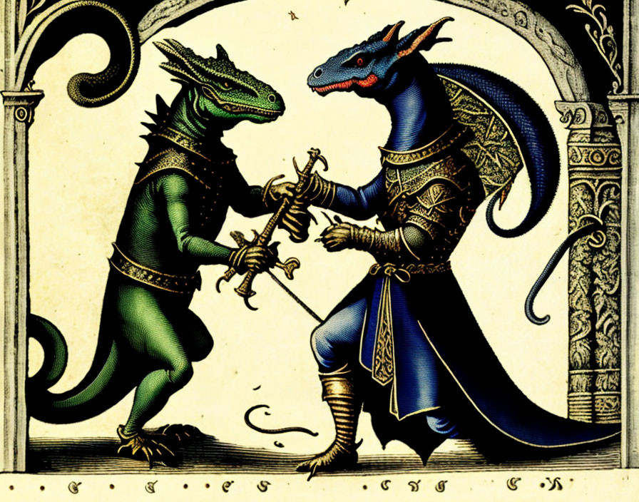 Medieval armor dueling: anthropomorphic dragons with swords