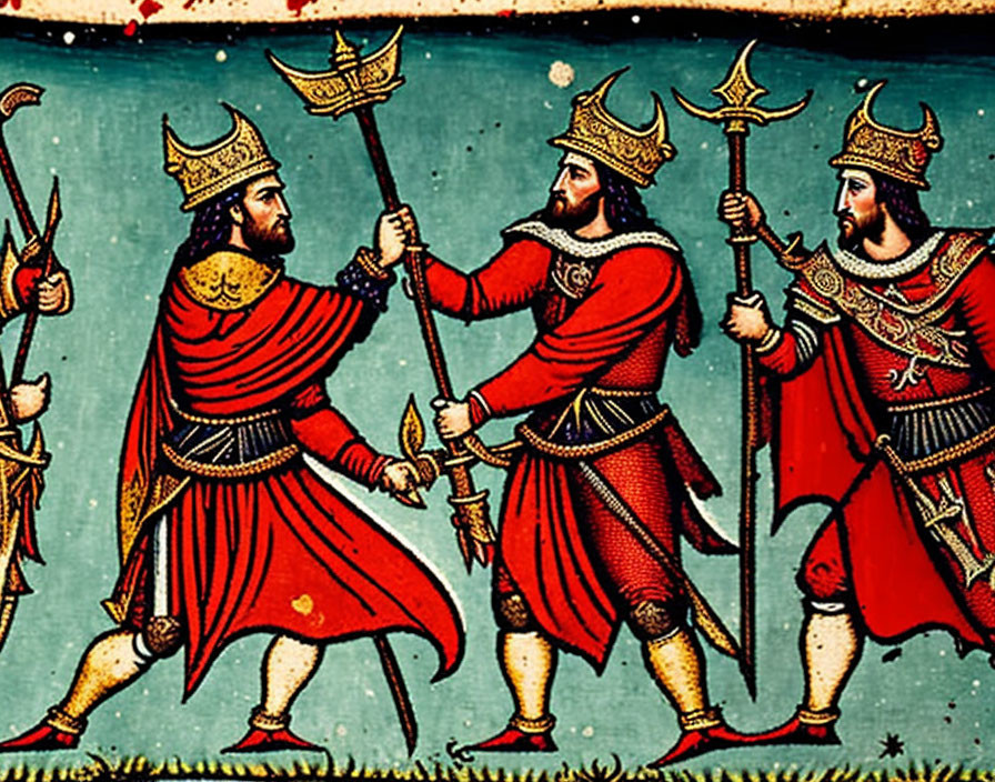 Three Medieval Kings in Red Robes and Golden Crowns Holding Scepters