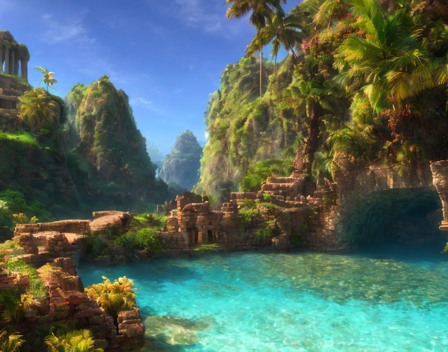 Tranquil tropical paradise: ancient ruins, lush cliffs, palm trees, turquoise lagoon